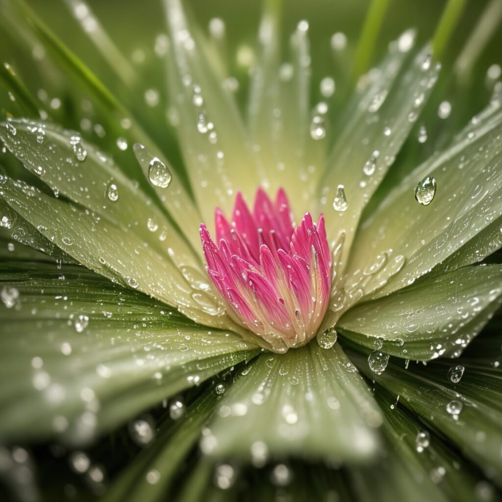 Makroaufnahme einer exotischen Blüte mit rosa Zentrum und hellgrünen Blättern, bedeckt mit klaren Wassertropfen.