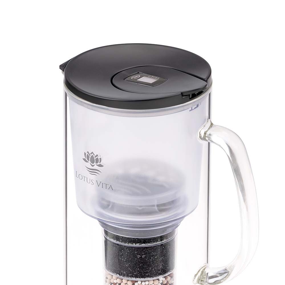 Eine Glas-Wasserfilterkanne von Lotus Vita mit einem schwarzen Kunststoffdeckel und sichtbarer Filterkartusche.