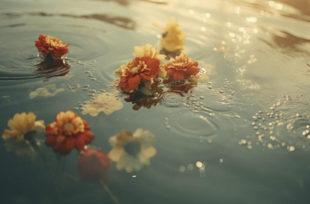 Nahaufnahme von orangefarbenen und gelben Blumen, die sanft auf einer ruhigen Wasseroberfläche treiben, beleuchtet von warmem, goldenem Sonnenlicht.