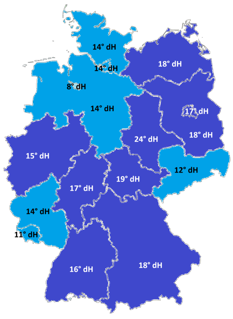 Deutschlandkarte, die regionale Unterschiede in der Wasserhärte von weich (hellblau) bis hart (dunkelblau) darstellt.