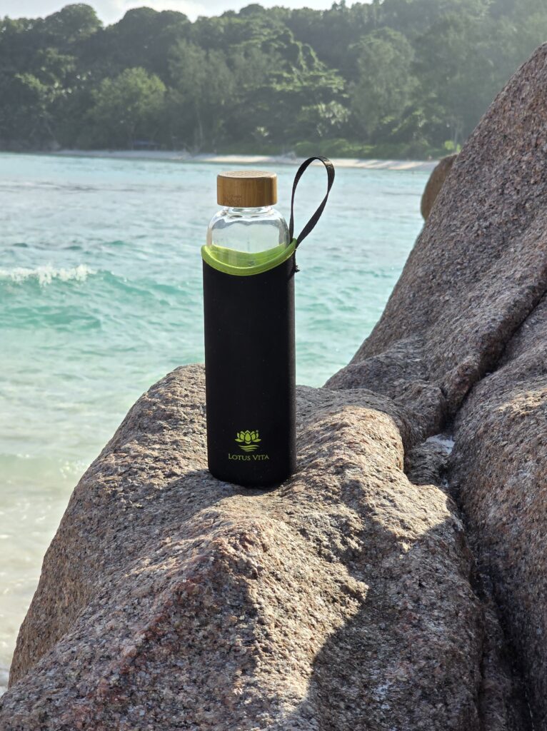 Trinkflasche aus Glas mit Neoprenhülle und Bambusdeckel von Lotus Vita
